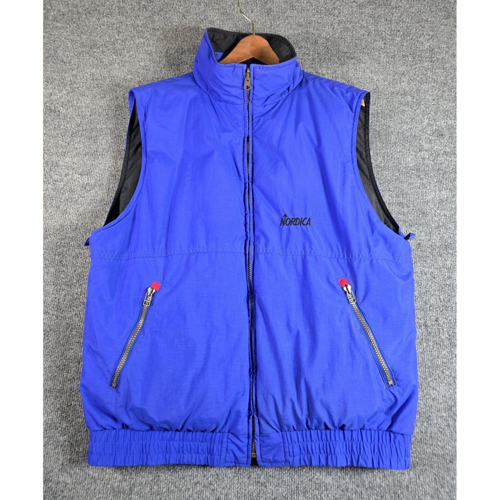 Vintage Nordica Blue Black Nylon Puffer Vest Large Zip Front Ski Reversible 90s